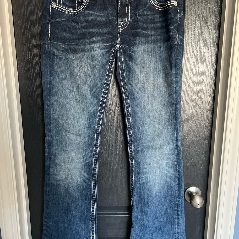 Miss Me Blue Boot Cut Jeans with Faded Whiskering